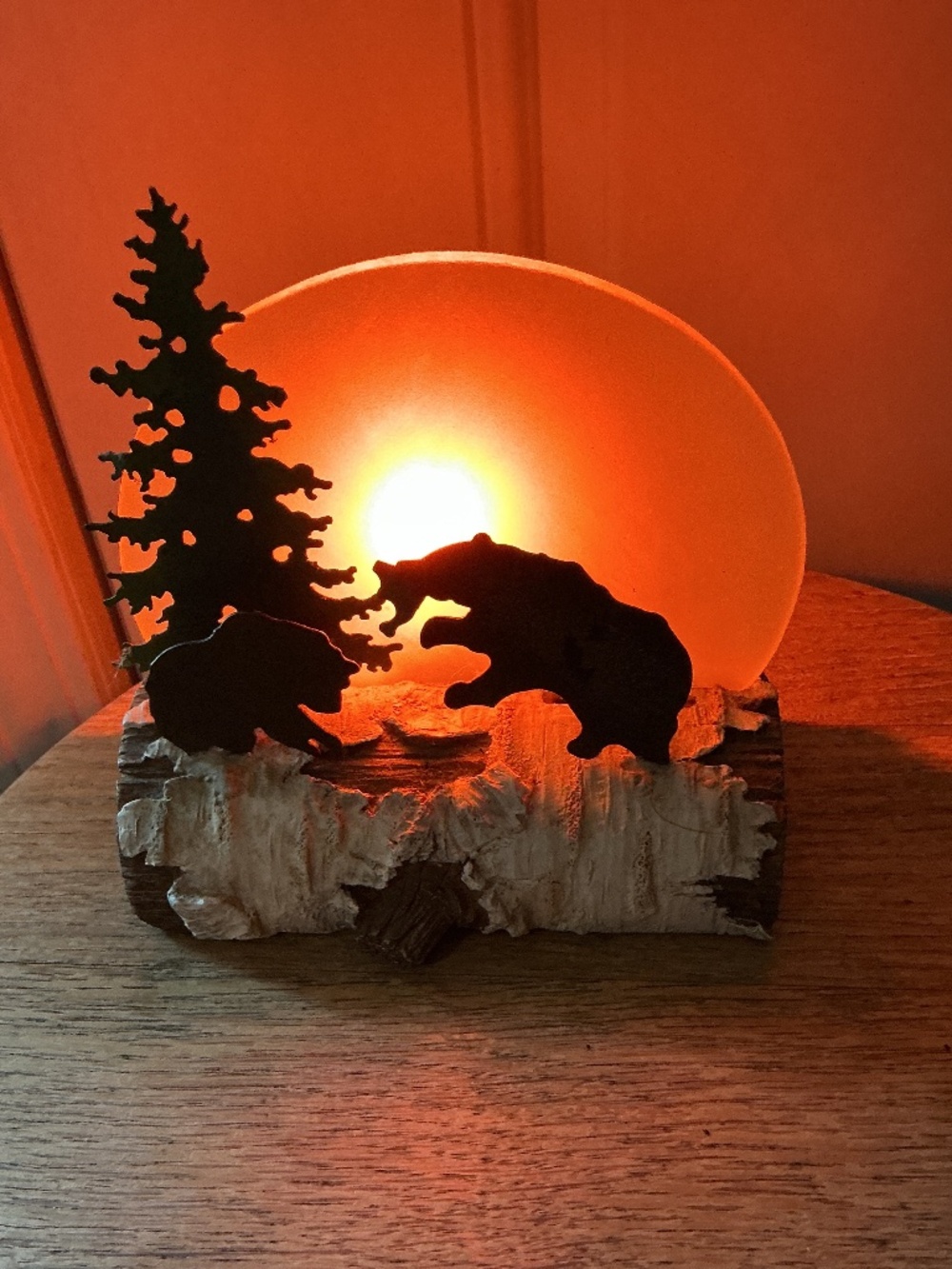 Rustic Forest Metal Silhouette Light of Pine Tree Bears & Fish on Log Nite light